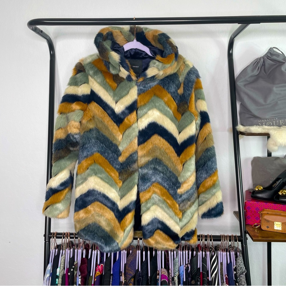 Forever21 Retro Faux Fur Chevron Striped Hooded Coat